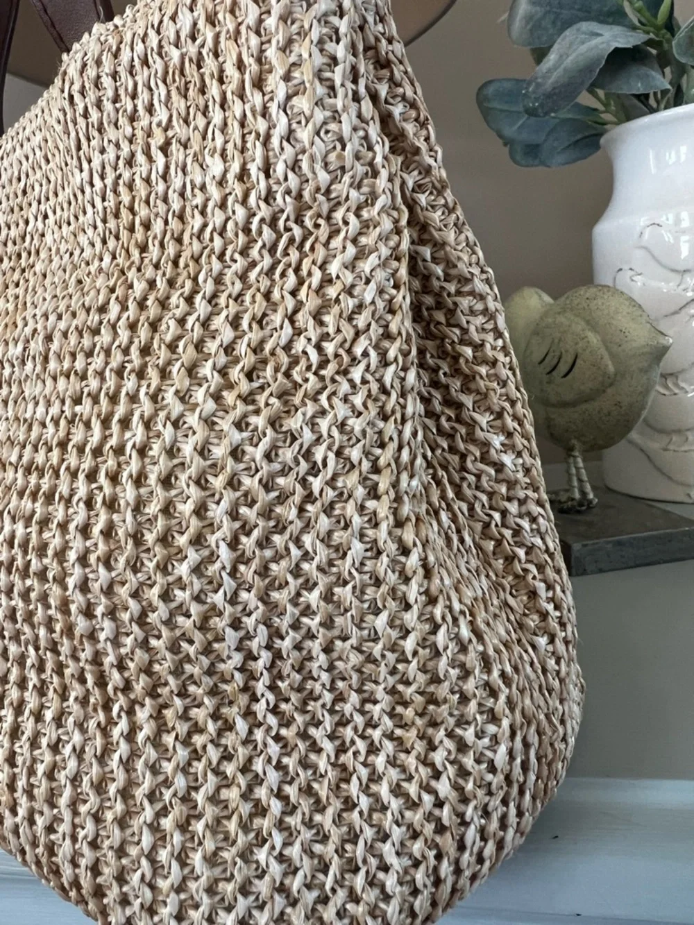 Relativity Woven Straw Tote Bag with Brown Leather Handles Beachy Coastal - Picture 4 of 11
